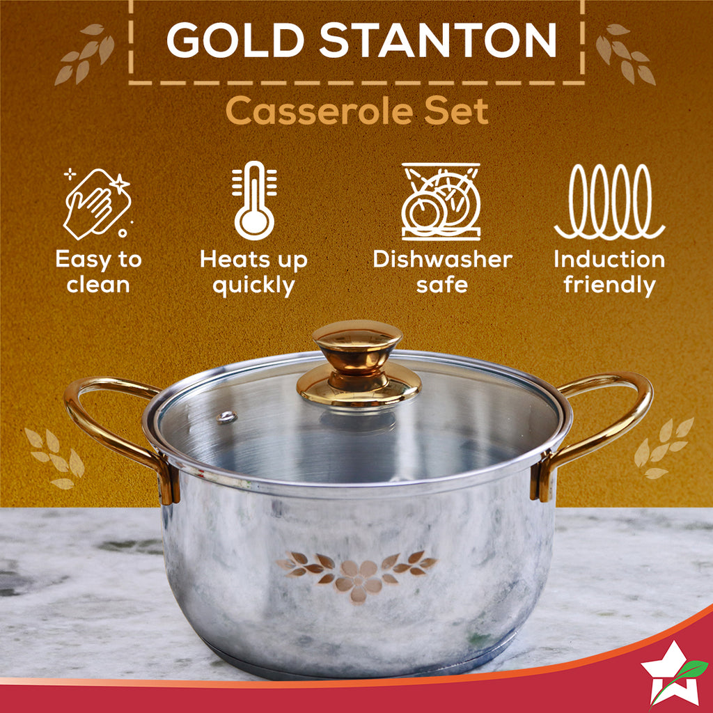 Gold Stanton Stainless Steel 3 piece Casserole Set with Glass Lid | Golden knobs and handles | Induction & Gas Stove friendly | Set of 3 (1.6L, 2.3L, 3.1L) | 1 Year Warranty