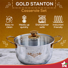Load image into Gallery viewer, Gold Stanton Stainless Steel 3 piece Casserole Set with Glass Lid | Golden knobs and handles | Induction &amp; Gas Stove friendly | Set of 3 (1.6L, 2.3L, 3.1L) | 1 Year Warranty