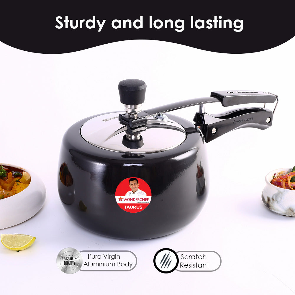 Taurus Hard Anodized 3L Inner Lid Pressure cooker, SS Lid, Soft Touch Handles for Durability, Induction Friendly, Black, 5 year warranty, ISI Certified