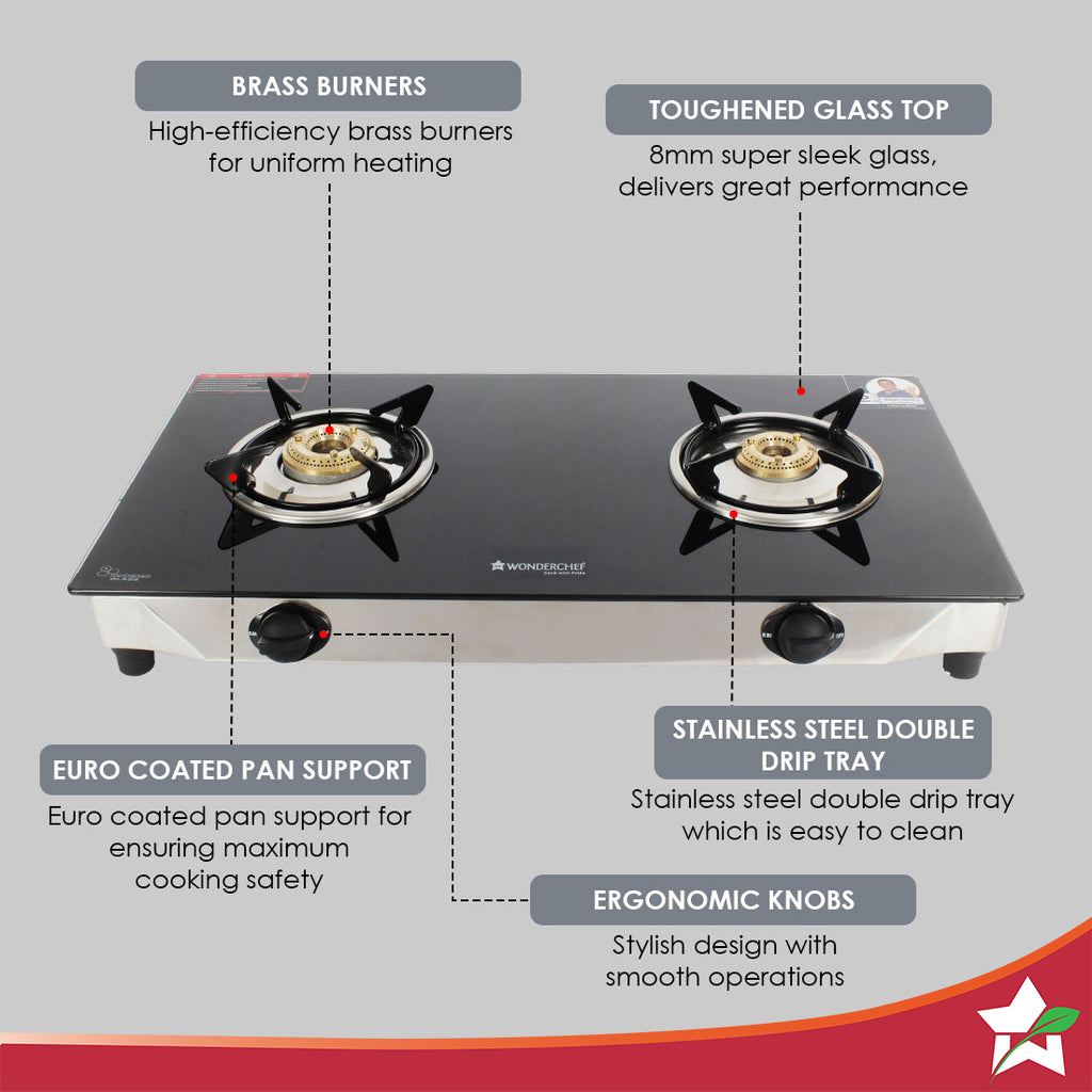 Energy 2 Burner Glass Cooktop, Black 8mm Toughened Glass  with 1 Year Warranty, Soft Touch Knobs, Efficient Brass Burners, Stainless Steel Double Drip Tray