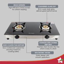 Load image into Gallery viewer, Energy 2 Burner Glass Cooktop, Black 8mm Toughened Glass  with 1 Year Warranty, Soft Touch Knobs, Efficient Brass Burners, Stainless Steel Double Drip Tray