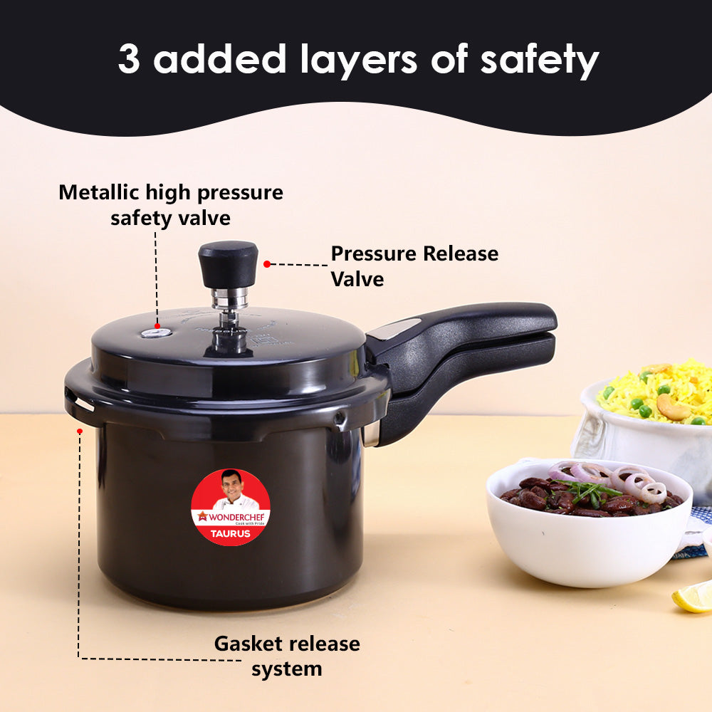 Taurus Hard Anodized 3L Outer Lid Pressure Cooker, SS Lid, Soft Touch Handles for Durability,  Induction Friendly, Black, 5 year warranty, ISI Certified