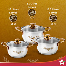 Load image into Gallery viewer, Gold Stanton Stainless Steel 3 piece Casserole Set with Glass Lid | Golden knobs and handles | Induction &amp; Gas Stove friendly | Set of 3 (1.6L, 2.3L, 3.1L) | 1 Year Warranty