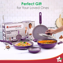 Load image into Gallery viewer, Royal Velvet Non-stick 5-piece Cookware Set (Fry Pan with Lid, Wok, Dosa Tawa, Mini Fry Pan) | Induction Ready | Soft-touch handles |Non – Toxic I Virgin Aluminium | 3 mm thick | 2 years warranty | Purple