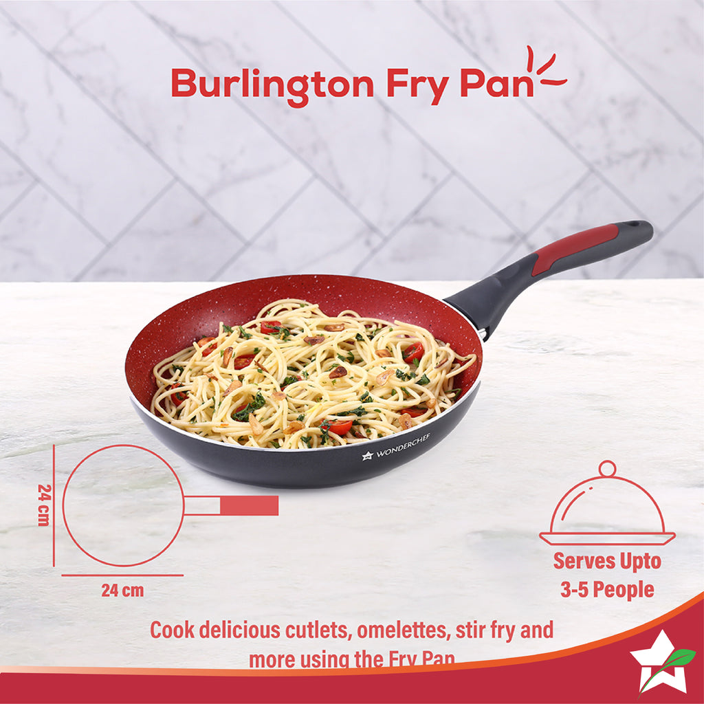 Burlington Aluminum Non-Stick Cookware 4 pc Set | Kadhai with Glass Lid 1.15L, Sauce Pan 2.6L, Fry Pan 1.7L | Induction Bottom | Soft Touch Handles | Pure Grade Aluminium | PFOA Free | 2 Year Warranty | Red/Black