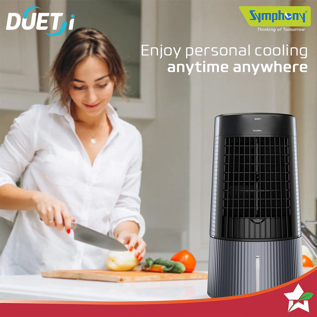 Symphony Duet-i | Kitchen Cooling Fan | Touchscreen Control | Honeycomb Cooling Pad | Low Noise Fan | Water level Indicator | Moodlight and Ice-water Chamber | Black