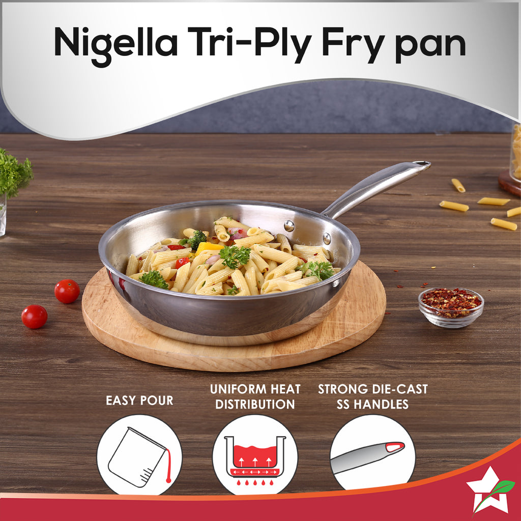 Nigella Tri-ply Stainless Steel 24 cm Fry Pan | 2 Litres | 2.5mm Thickness | With Induction base | Compatible with all cooktops | Riveted Cool-Touch Handle | 10 Year Warranty