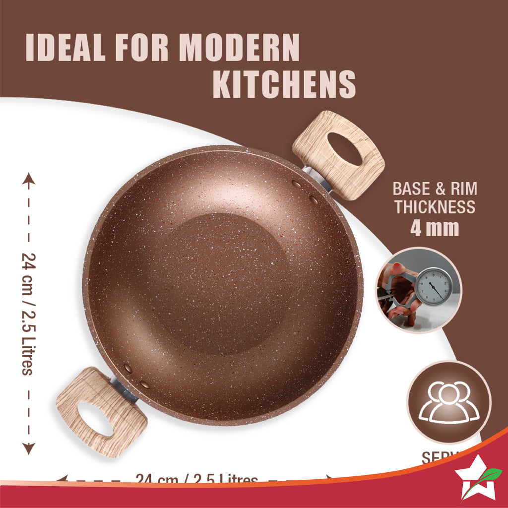Duralife Die-cast 24 cm Kadhai with lid | 5 Layer Healthy Duramax Non-Stick Coating | Soft Touch Handles | Pure Grade Aluminium | PFOA Free | 2.5 litres | 2 Year Warranty | Copper