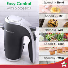 Load image into Gallery viewer, Onyx 5 Speed Electric Hand Mixer | 300W Powerful &amp; Silent Copper Motor I Adjustable Slow Speed Start I Hand Blender | Stainless Steel Whisk Beaters and Dough Hooks | 1 Year Warranty |Whisk Eggs I Cake Mixer I Dough Maker I Bakeware I Black &amp; Steel