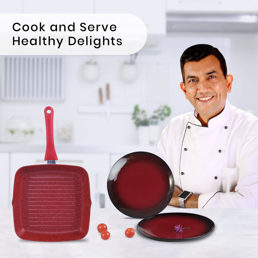 Royal Velvet Grill Pan 24cm Red + Teramo Qtr. Plates Set of 2, Gift Combo, For Family and Friends, Gift for Diwali and Festivals, House Warming