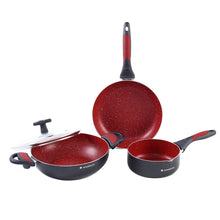 Load image into Gallery viewer, Burlington Aluminum Non-Stick Cookware 4 pc Set | Kadhai with Glass Lid 1.15L, Sauce Pan 2.6L, Fry Pan 1.7L | Induction Bottom | Soft Touch Handles | Pure Grade Aluminium | PFOA Free | 2 Year Warranty | Red/Black