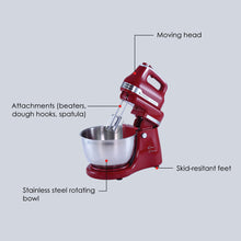 Load image into Gallery viewer, Crimson Revo Stand Mixer and Beater with 5 Speed Settings | Rotating Head Technology | 4.5L SS Bowl | 300 Watt Powerful Copper Motor | Mixing Beater, Dough Hook Attachments &amp; Spatula | Ideal for Home Cooks &amp; Professional Bakers |  2 Year Warranty | Red