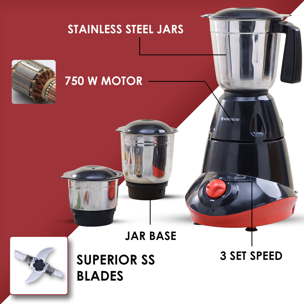 Capri Mixer Grinder 750W, 3 Stainless Steel Jars, Black & Red, 5 Years Warranty