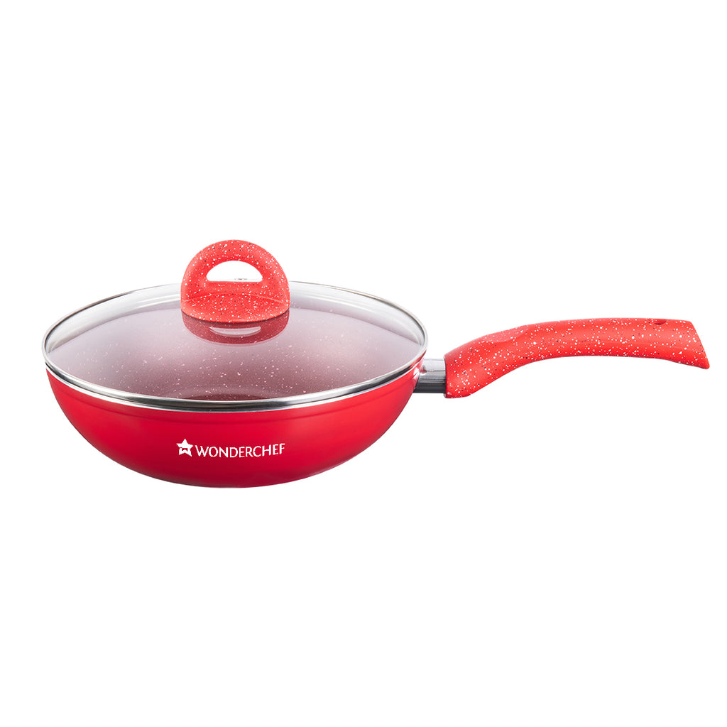 Granite Aluminium Non-stick Wok With Glass Lid, 24cm, 2.7L, 3.5mm, Red, Compatible On Hot Plate, Hobs, Gas Stove, Ceramic Plate And Induction, 2 Years Warranty