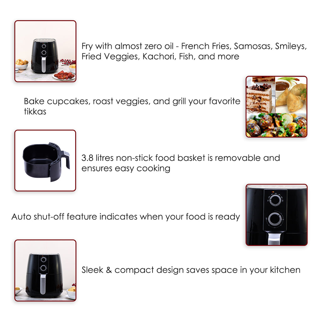 Prato Manual Air Fryer for Home and Kitchen with 5 Pre-set Menu|3.8 Litres Non-stick Basket| Fry, Grill, Bake & Roast| Rapid Air Technology| Auto Shut-Off| Healthy Cooking with 99% less Fat| Sleek & Compact| 1450 Wattage| Black| 1 Year Warranty