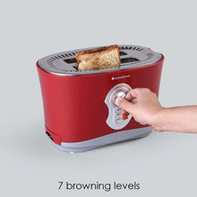 Load image into Gallery viewer, Crimson Edge Slice Toaster with Defrost, Reheat &amp; Cancel Function | 800 Watt | 2 Bread Slice Automatic Pop-up Electric Toaster | 7- Level Browning Controls | Auto Shut Off | Mid Cycle Cancel Feature | Removable Tray | Easy to Clean | Red | 2 Year Warranty