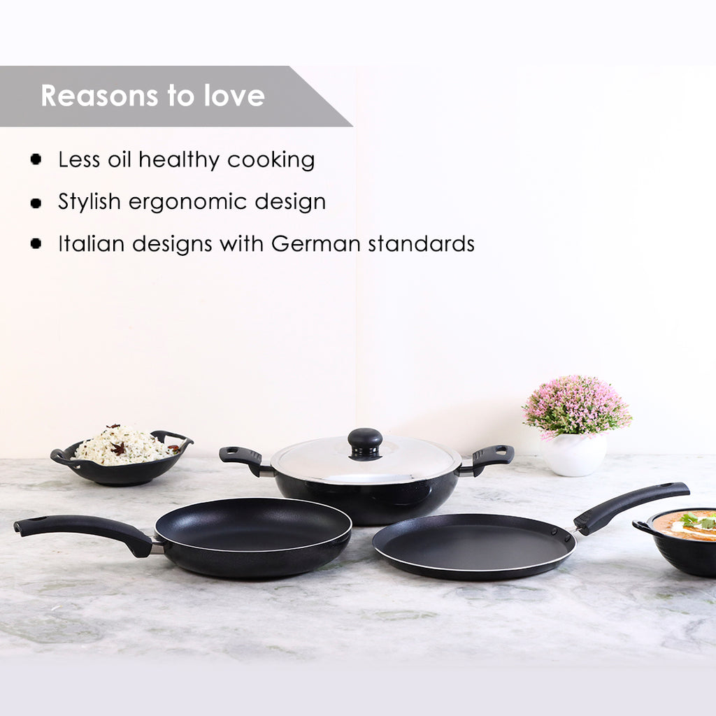 Platinum Plus Non-Stick Cookware Set of 4 | Kadhai with Glass Lid 24cm, Fry Pan 24cm & Dosa Tawa 25cm | Cool-Touch Bakelite Handle | Pure Grade Aluminium | PFOA Free | 1 Year Warranty | Black