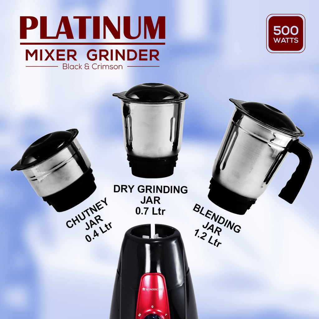 Platinum Mixer Grinder 500W with 3 Stainless Steel Jars And Anti-Rust Stainless Steel Blades, Ergonomic Handles, 5 Years Warranty On Motor,  Black & Crimson