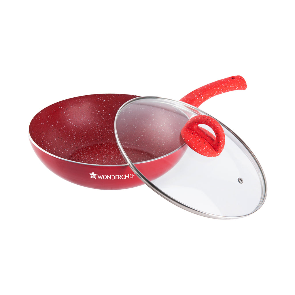 Granite Aluminium Non-stick Wok With Glass Lid, 24cm, 2.7L, 3.5mm, Red, Compatible On Hot Plate, Hobs, Gas Stove, Ceramic Plate And Induction, 2 Years Warranty