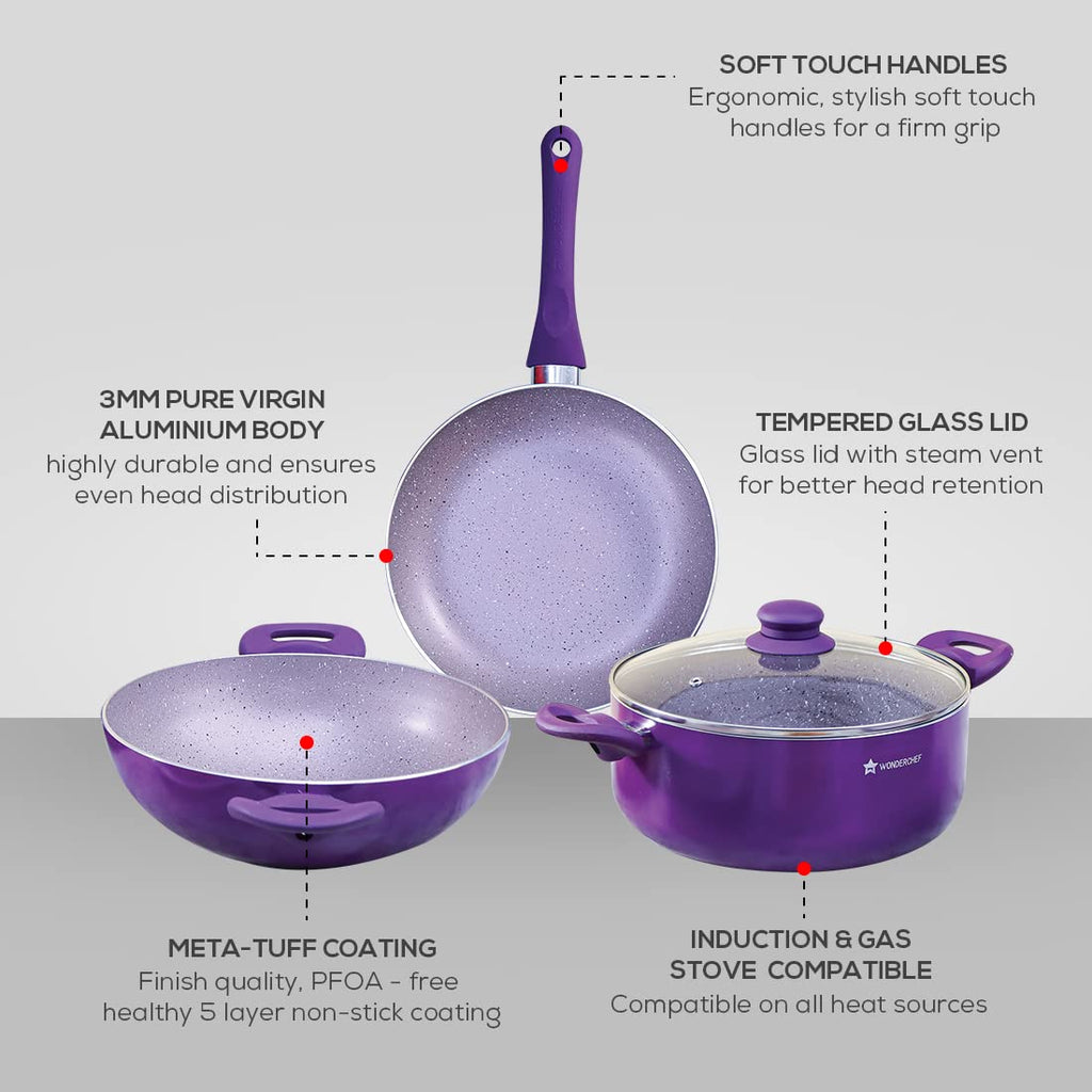 Galaxy Festival 4pcs Cookware Set | Casserole with Lid, Fry Pan, Kadhai | Induction Friendly | Cool Touch Bakelite Handles | Pure Grade Aluminium| PFOA Free| 2 Years Warranty | Purple