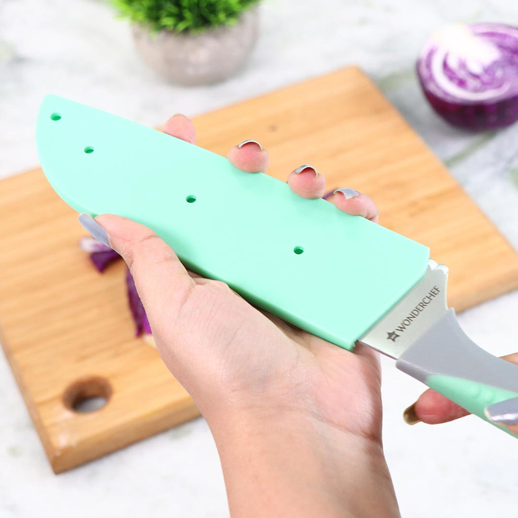 Easy Slice Stainless Steel Knife 6 Inches, Razor Sharp Double-Edged Blade, Hollow Blade Design, Full-Tang Construction, Plastic Guard For Protection, 5 Years Warranty, Green