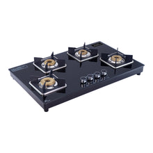 Load image into Gallery viewer, Octavia 4 Burner Glass Hob Top Auto Cooktop | 8mm Toughened Glass | Auto Ignition | Forged Brass Burners | Stainless Steel Drip Tray | Anti-Skid Legs | Large &amp; Heavy Pan support | LPG compatible | Black steel frame | 2 Year Warranty | Black
