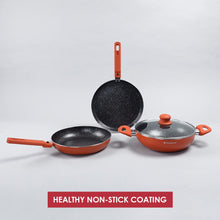 Load image into Gallery viewer, Power Non-Stick Cookware 4 pc Set | Kadhai with Glass Lid 2.6L, Dosa Tawa 25cm, Fry Pan 24cm | Induction Bottom | Soft Touch Handles | Pure Grade Aluminium | PFOA Free | 2 Year Warranty | Orange