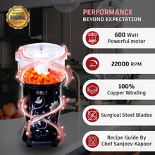 Load image into Gallery viewer, Nutri-blend BOLT-600W CKM Mixer with Chopper, Stronger &amp; Swifter with Sipper Lid, 22000RPM 100% Full Copper Motor, 4 Unbreakable Jars, Sharper Steel Blades, Recipe Book by Chef Sanjeev Kapoor