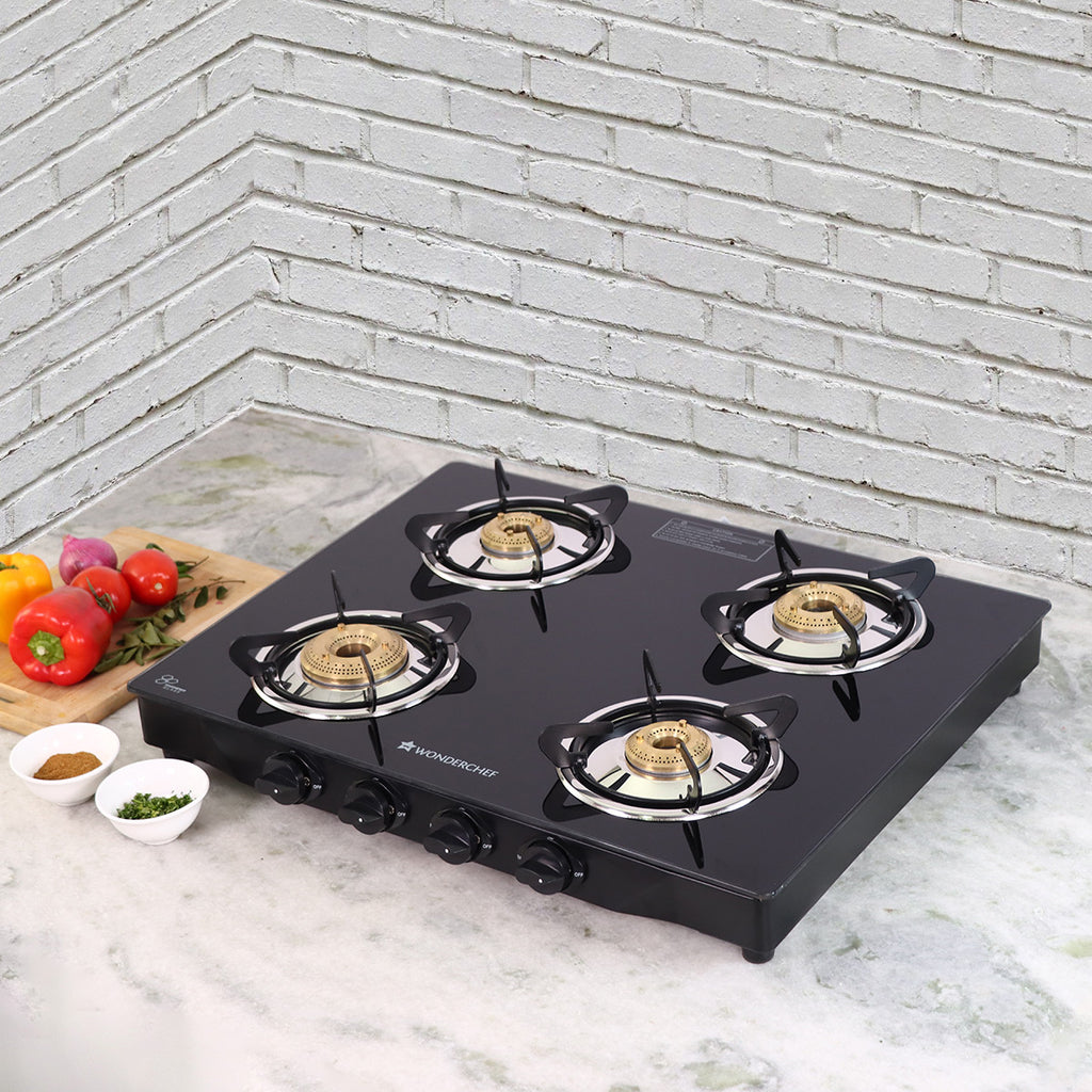 Glory 4 Burner Glass Cooktop, Black 8mm Toughened Glass with 2 Years Warranty, Ergonomic Knobs, Stainless Steel Drip Tray, Manual Ignition Gas Stove