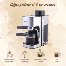 Load image into Gallery viewer, Regalia Espresso Coffee Maker 5 Bar I With Steamer for Cappuccino &amp; Latte | Steam Tube for Froth I Metal Porta Filter &amp; Heat-Resistant Carafe|Stainless Steel Body|Professional Style Coffee| Works with Coffee Powder| 2 Year Warranty| Black &amp; Silver
