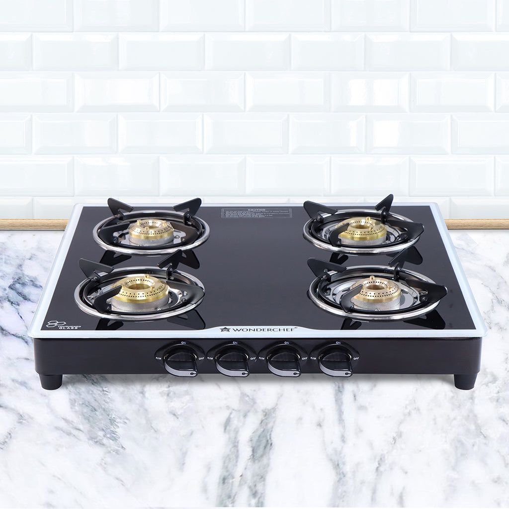 Platinum 4 Burner Manual Glass Cooktop | 6mm Toughened Glass Cooktop | Stainless Steel Drip tray | Anti-Skid Legs | Large Pan support | Manual Ignition | Black steel frame | 2 Year Warranty | Black