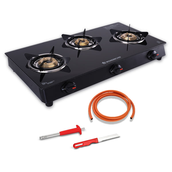 Zest Neo Cooktop | 3 Burners (2 Medium, 1 Small) | Premium Glass Surface | Space Saving Design | Brass Burners | ISI Approved | Free Gas Lighter and Kitchen Knife | 2-Year Warranty