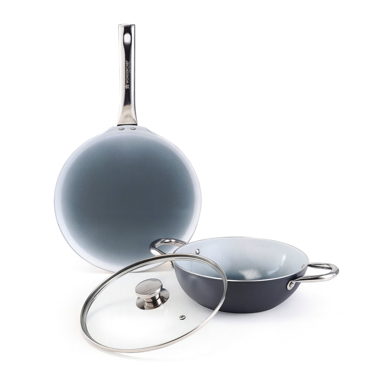 Eco-Glide Ceramic Cookware Set, Kadhai &amp; Glass Lid-24cm, Dosa Tawa-28cm, Non-toxic, Che...