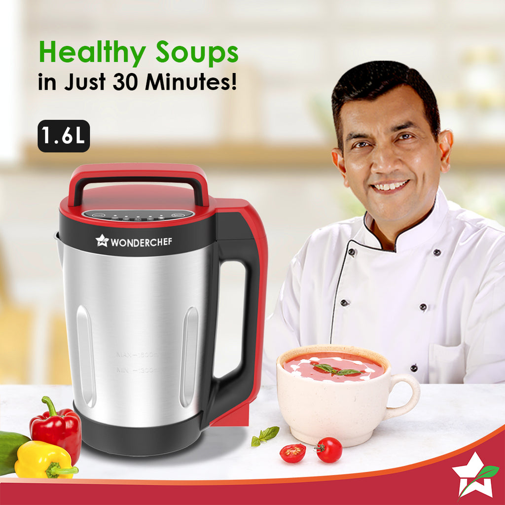 Wonderchef NEO Automatic Soup Maker | 1.6 Litre | 900W Heater | Stainless Steel Blades  | Stainless Steel Jug | 5 Pre-Set Functions | Red |  Black | Steel | One Touch Operation | Touch Control Panel | 30 Minute Cook Time | 2 Years Warranty