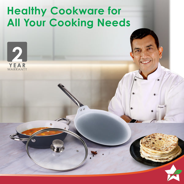   Eco-Glide Ceramic Cookware Set, Kadhai & Glass Lid-24cm, Dosa Tawa-28cm, Non-toxic, Chemical & PFOA Free, Gas/Induction Compatible, 2-Year Warranty