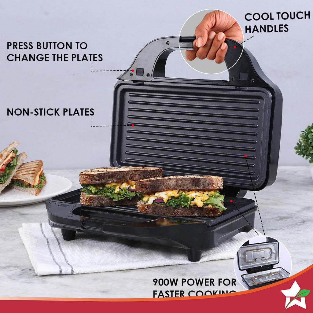 Prato Plus 3 in 1 Grill Sandwich, Grill & Waffle Maker, 900W, 1 Year Warranty