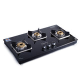 Octavia 3 Burner Glass Hob Top Auto Cooktop | 8mm Toughened Glass | Auto Ignition | Forged Brass Burners | Stainless Steel Drip Tray | Anti-Skid Legs | Large & Heavy Pan support | LPG compatible | Black steel frame | 2 Year Warranty | Black