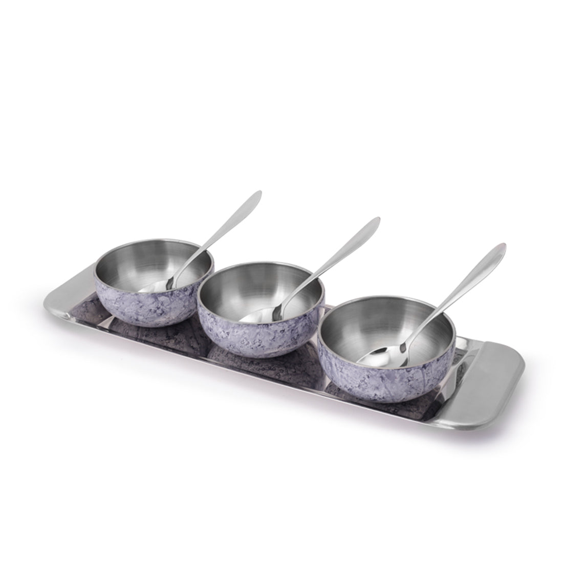 Modena Stainless-steel 7 Pc. Condiment Set, 3 Bowls, 3 Spoons, 1 Tray,