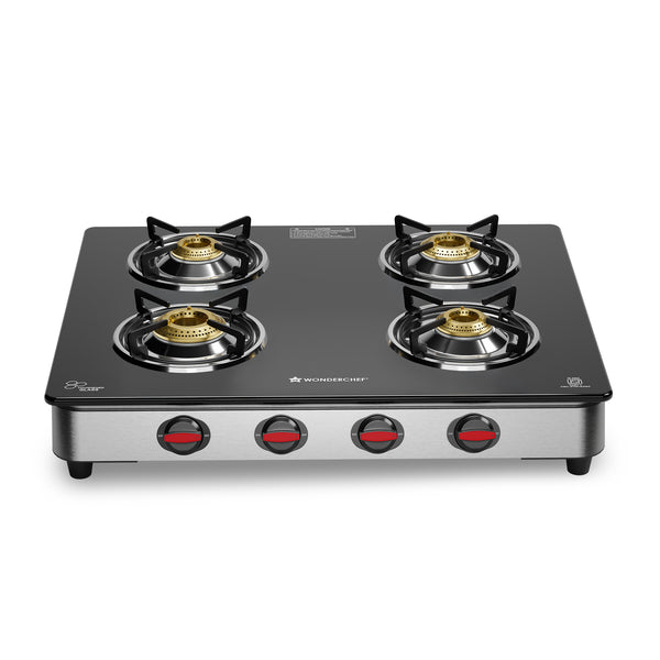 Regal 4 Brass Burner Cooktop, LPG Gas Stove for Kitchen, ISI Toughened Glass Surface, SS Frame, Spill-proof Design, Ergonomic Knobs, 2-Yr Warranty