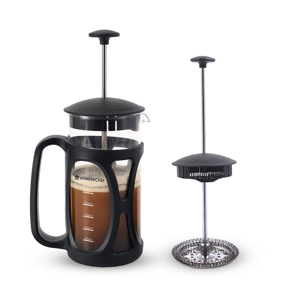 French Press Coffee & Tea Maker 350 ml | Premium Heat Resistant Borosilicate Glass Carafe | 4 Level Filtration System | Stainless Steel Plunger with Mesh | 1-2 Cups of Coffee | Brews in Just 3 Minutes | Black | 1 Year Warranty