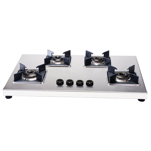 Inox 4 Brass Burner Hobtop, Thick Stainless-steel Construction, LPG Gas Stove for Kitchen, SABAF Leak-proof Valves, Spill-proof Design, Premium Metal Knobs, 2-Yr Warranty