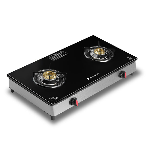 Regal 2 Brass Burner Cooktop, LPG Gas Stove for Kitchen, ISI Toughened Glass Surface, SS Frame, Spill-proof Design, Ergonomic Knobs, 2-Yr Warranty