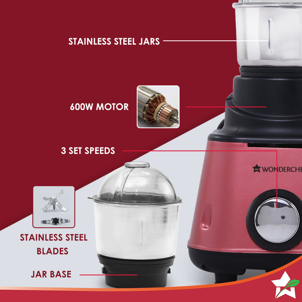 Sumo Mixer Grinder-600W With 3 Stainless Steel Jars and Anti-Rust Stainless Steel Blades, Ergonomic Handles, 5 Years Warranty on Motor, Red and Black