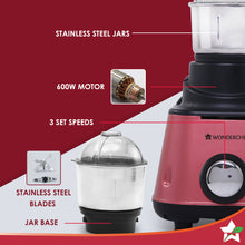 Load image into Gallery viewer, Sumo Mixer Grinder-600W With 3 Stainless Steel Jars and Anti-Rust Stainless Steel Blades, Ergonomic Handles, 5 Years Warranty on Motor, Red and Black