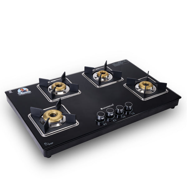 Octavia 4 Burner Glass Hob Top Auto Cooktop | 8mm Toughened Glass | Auto Ignition | Forged Brass Burners | Stainless Steel Drip Tray | Anti-Skid Legs | Large & Heavy Pan support | LPG compatible | Black steel frame | 2 Year Warranty | Black