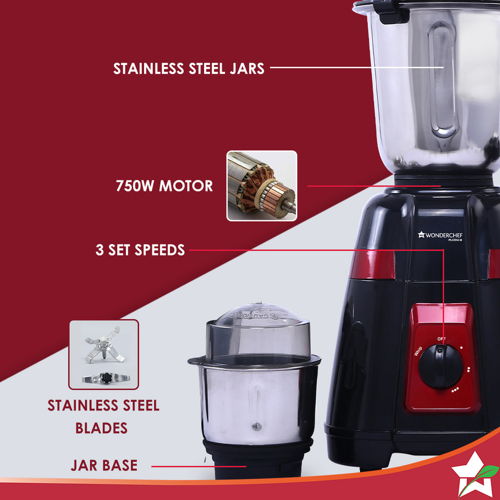 Platinum Mixer Grinder 750W with 4 Stainless Steel Jars And Anti-Rust Stainless Steel Blades, Ergonomic Handles, 5 Years Warranty On Motor,  Black & Crimson