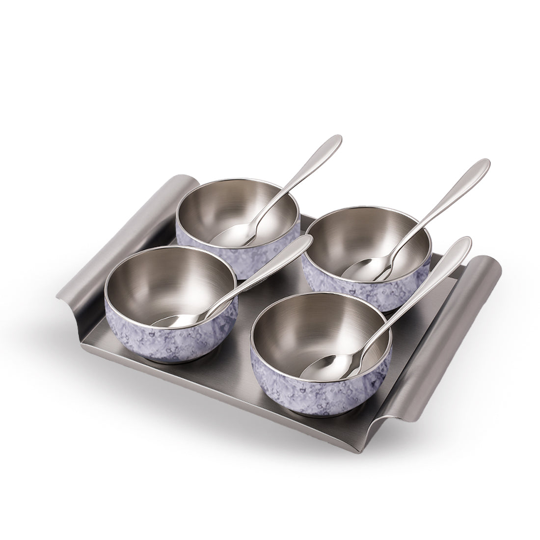 Modena Stainless-steel 9 Pc. Condiment Set, 4 Bowls, 4 Spoons, 1 Tray,