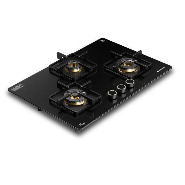 Venezia 3 Brass Burner Built-in Hob, 78cm x 52cm, LPG Gas Stove for Kitchen, ISI-approved 8mm Glass Top, Triple Ring Burners, No Lighter Required, Spill-proof Design, 5-Yr Warranty, Black