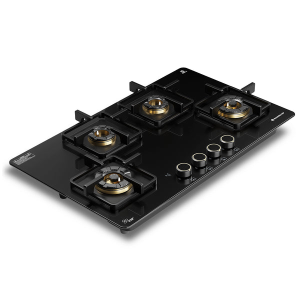 Venezia 4 Brass Burner Built-in Hob, 90cm x 52.5cm, LPG Gas Stove for Kitchen, ISI-approved 8mm Glass Top, Triple Ring Burners, No Lighter Required, Spill-proof Design, 5-Yr Warranty, Black