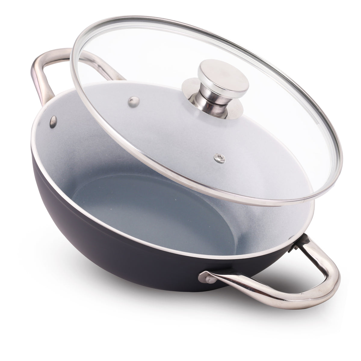 Eco-Glide Ceramic Kadhai 24cm with Glass Lid, 2.5L Non-Toxic, Chemical & PFOA Free, Low...